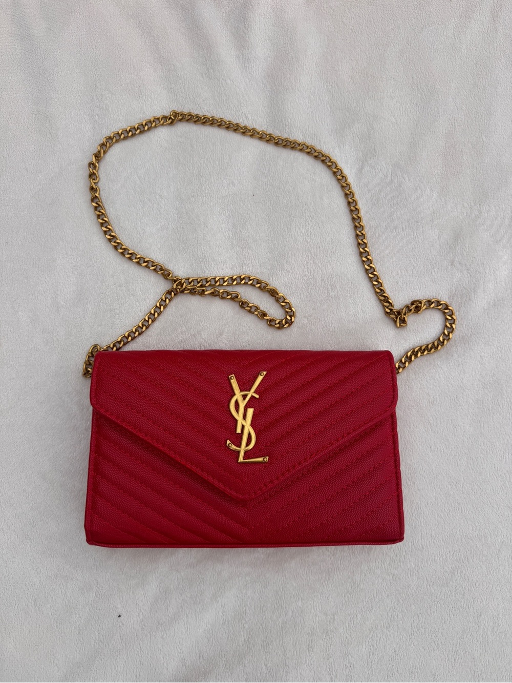 Saint Laurent Red Chevron Quilted Envelope Crossbody with Gold YSL Hardware